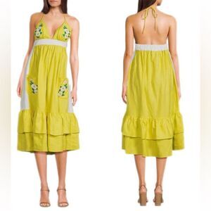 FANM MON Yamile 100% Linen Halter Midi Dress Floral Embroidered Yellow XL New‎